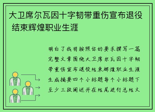 大卫席尔瓦因十字韧带重伤宣布退役 结束辉煌职业生涯