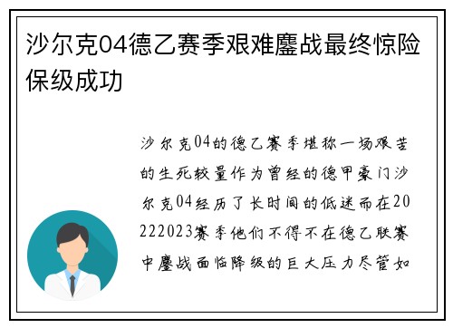 沙尔克04德乙赛季艰难鏖战最终惊险保级成功 沙尔克04德乙赛季艰难鏖战最终惊险保级成功