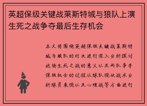 英超保级关键战莱斯特城与狼队上演生死之战争夺最后生存机会